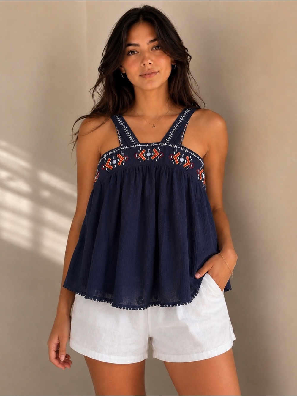 Xhilaration Navy Embroidered Boho Swing Tank Top XS Crinkle Gauze